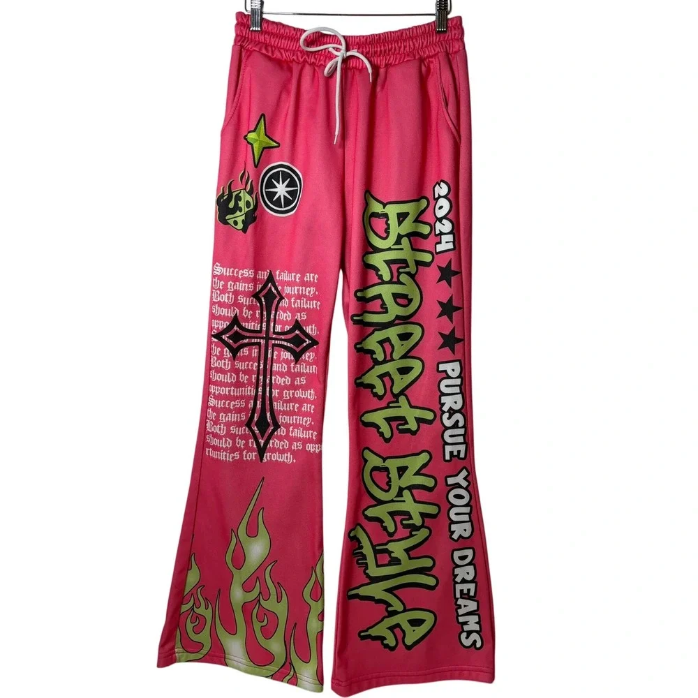 Manfinity Graphic Sweatpants Mens Medium Pink Flare Leg Y2K Cross Flame - Picture 2 of 4